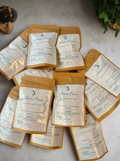 ✨  SERENITY CLEANSE DETOX SUPPORT TEA   Papaya Leaf · Senna · Chamomile · Ginger   Bloating • Digestion • Gentle Detox • Constipation Relief • Liver Support