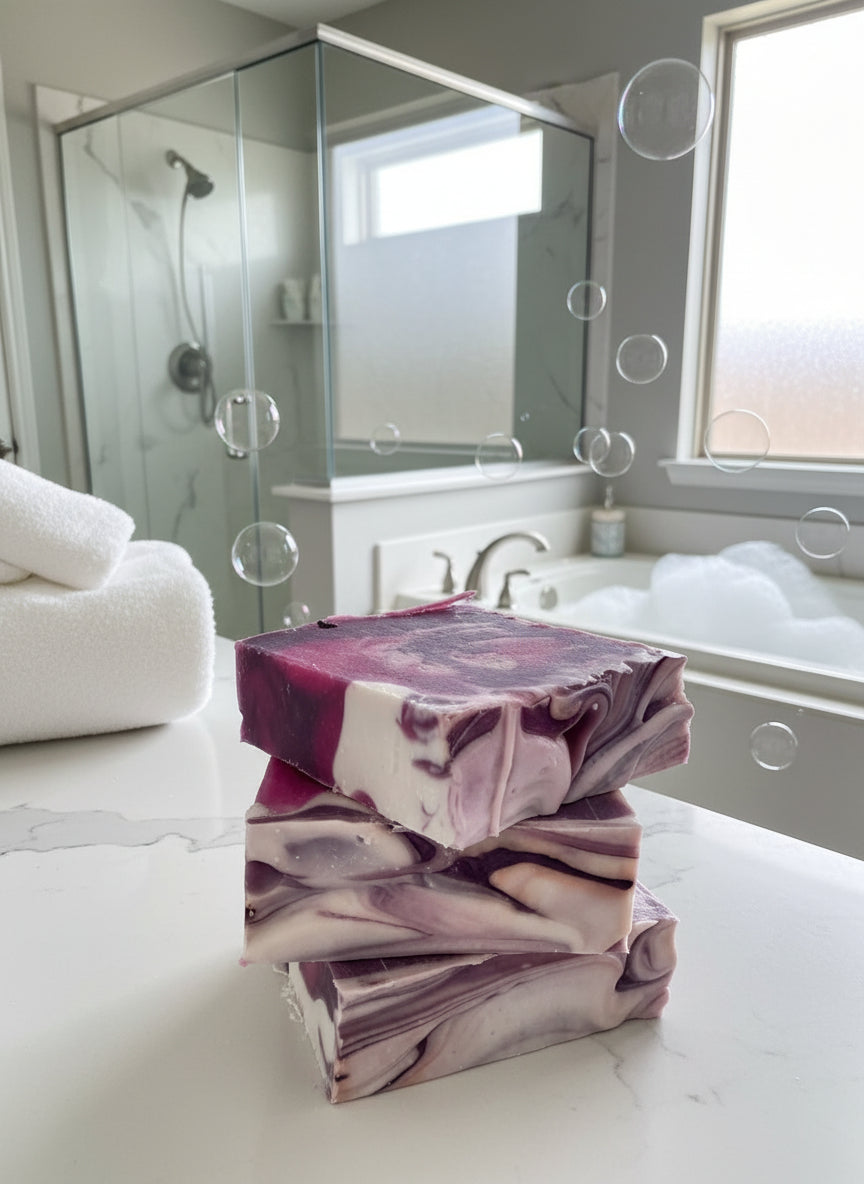 Marbled soap bar on a white surface with a neutral background